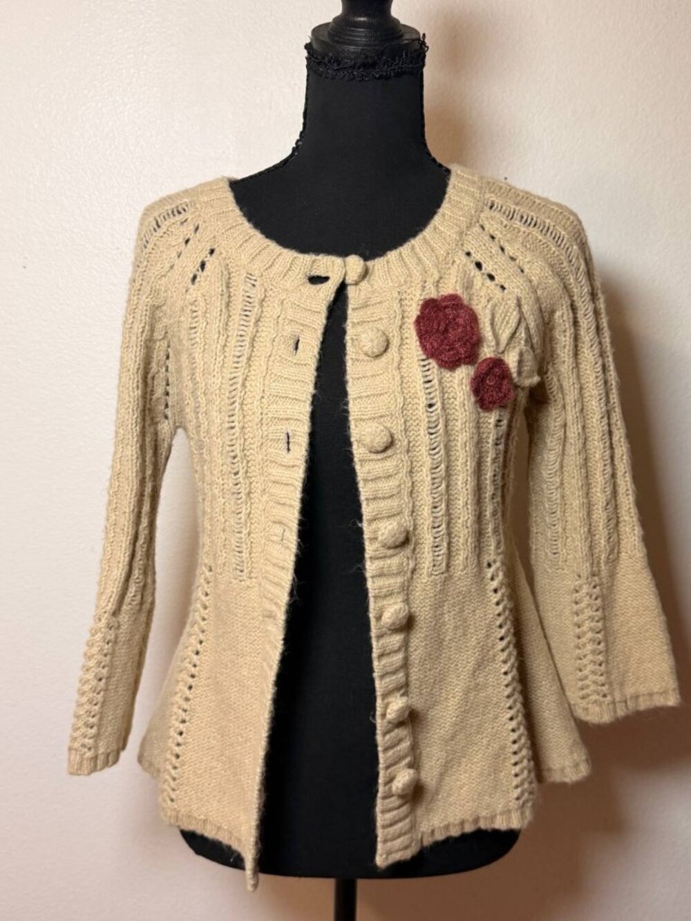 DKNY Petites Cable Knit Cardigan Rosette Floral Cottagecore Fall Sweater Small